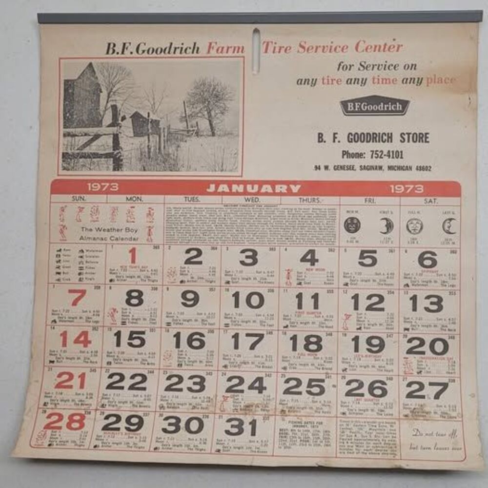 Vintage 1973 B.F. Goodrich Farm Tire Service Center Almanac Calendar